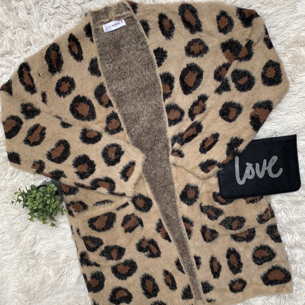 Wanna B Leopard Eyelash Open Cardigan π Tan Brown & Black - Picture 1 of 13